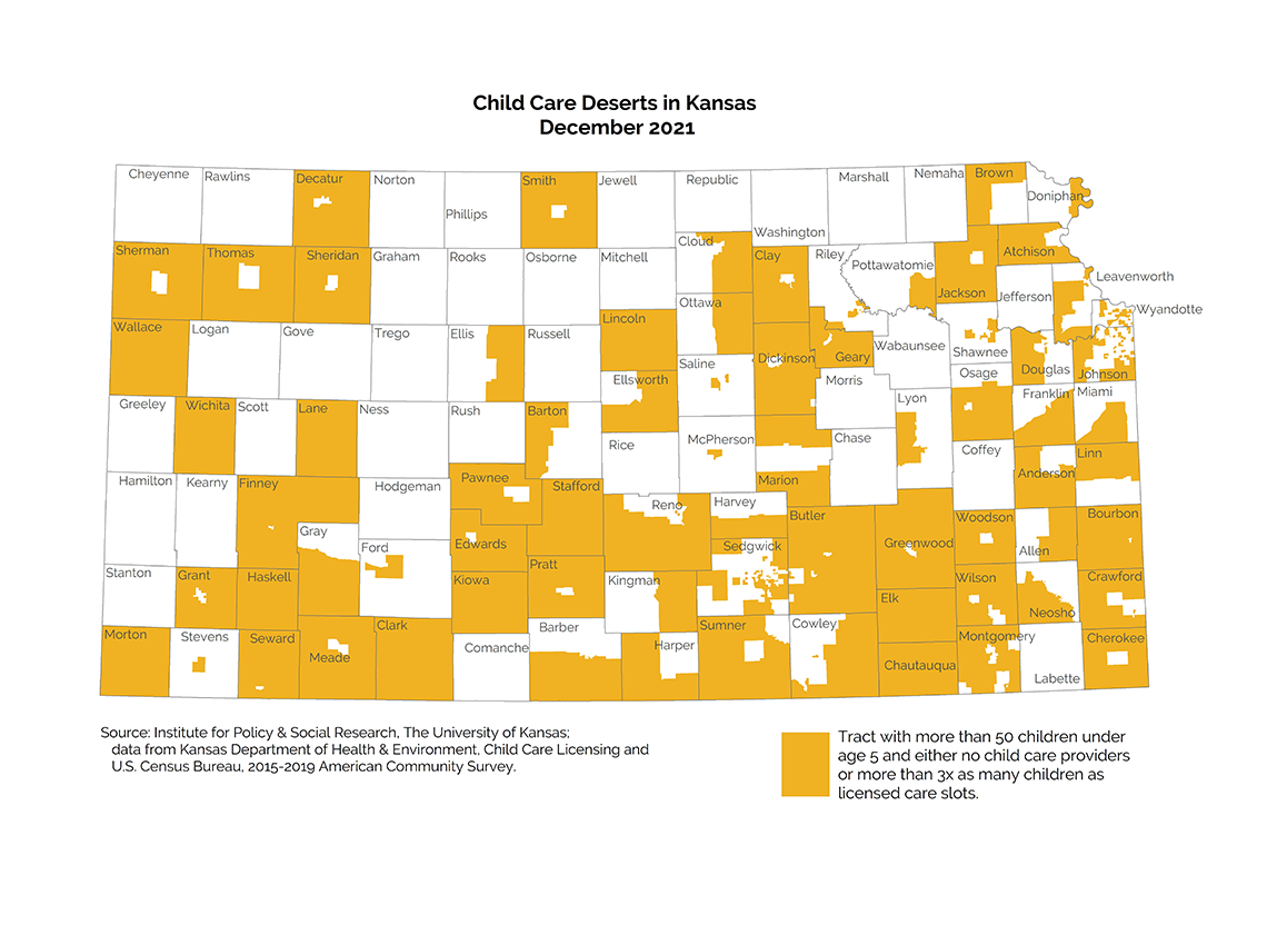 December 2021 map showing that 37% of Kansans live in a child care desert.