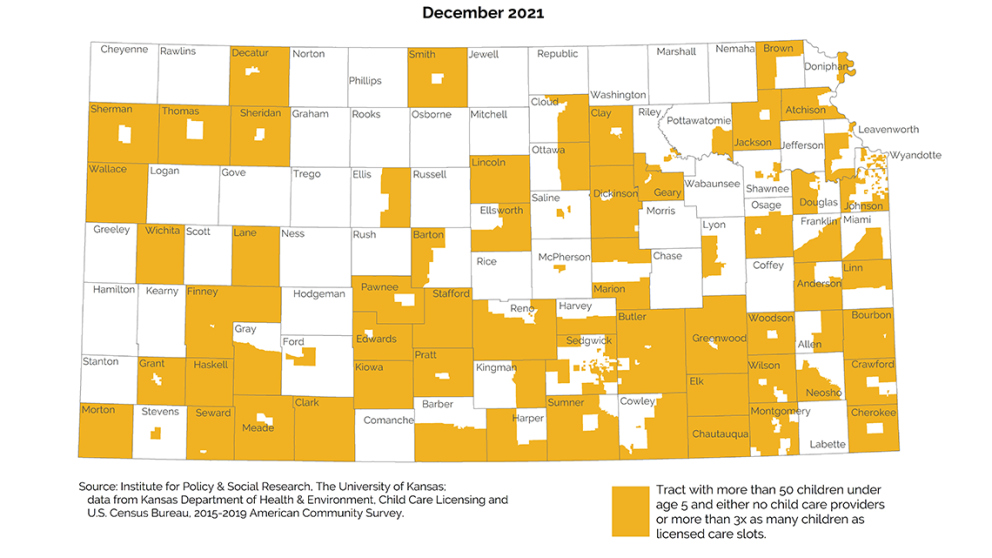 December 2021 map showing that 37% of Kansans live in a child care desert.