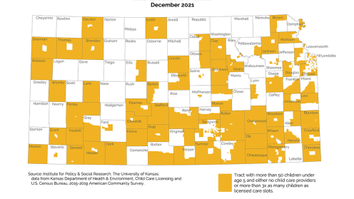 December 2021 map showing that 37% of Kansans live in a child care desert.